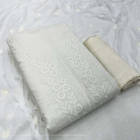 Unstitched Lining Embroidery Worked White Suit Material   Cotton Dress