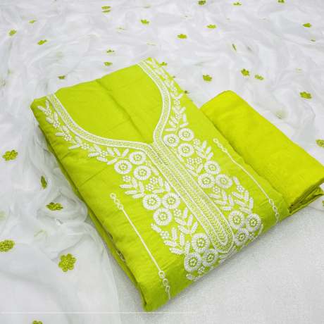 Unstitched Lining Embroidery Worked Lime Green Suit Material   Cotton Dress