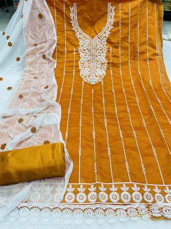 Unstitched Lining Embroidery Worked Orange Suit Material   Cotton Dress