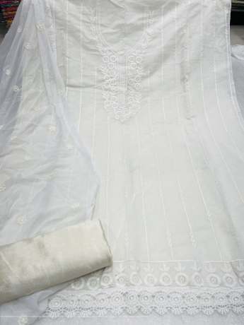 Unstitched Lining Embroidery Worked White Suit Material   Cotton Dress