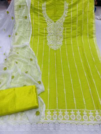 Unstitched Lining Embroidery Worked Lime Green Suit Material   Cotton Dress