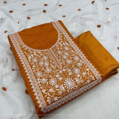 Unstitched Orange Embroidery Worked Dress Material  Ethnic Wear 