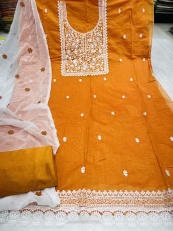 Unstitched Orange Embroidery Worked Dress Material   Cotton Dress