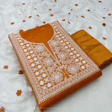 Unstitched  Orange Salwar Suit Material with heavy Embroidery work  Ethnic Wear 