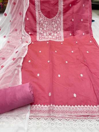 Unstitched Pink Embroidery Worked Dress Material   Cotton Dress