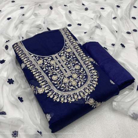 Unstitched U Shape Embroidery Work Navy Blue Salwar Suit Material  