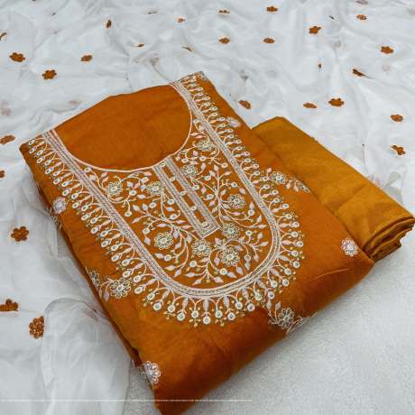 Unstitched U Shape Embroidery Work Orange Salwar Suit Material  Ethnic Wear 