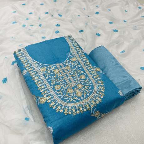 Unstitched U Shape Embroidery Work Blue  Salwar Suit Material  Ethnic Wear 