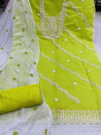 Unstitched U Shape Embroidery Work Lime Green Salwar Suit Material   Cotton Dress