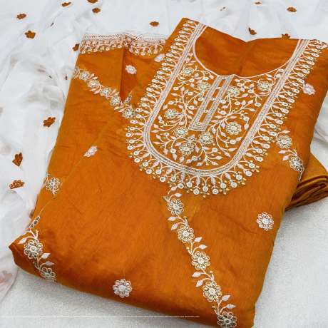 Unstitched U Shape Embroidery Work Orange Salwar Suit Material   Cotton Dress