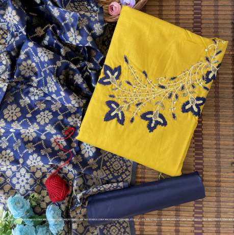 beautiful bead and embroidery work on yellow slub cotton  dress material   