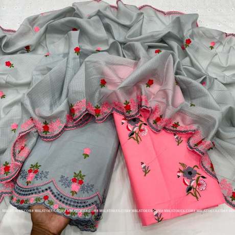 cotton embroidery worked pink and grey dress material  Ethnic Wear 