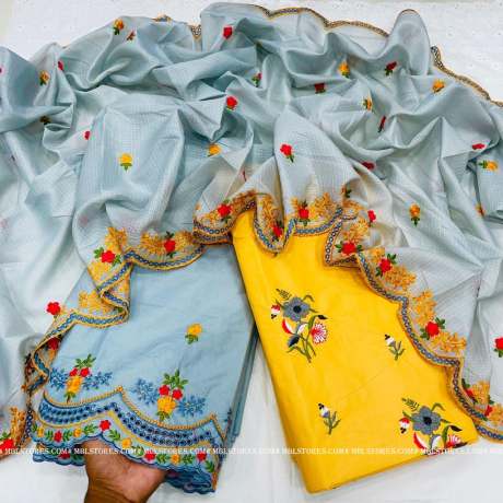 cotton embroidery worked yellow and grey dress material  