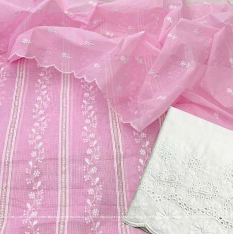 fancy baby pink kota doriya cotton with all over embroidery work dress material  kota Doria Dress