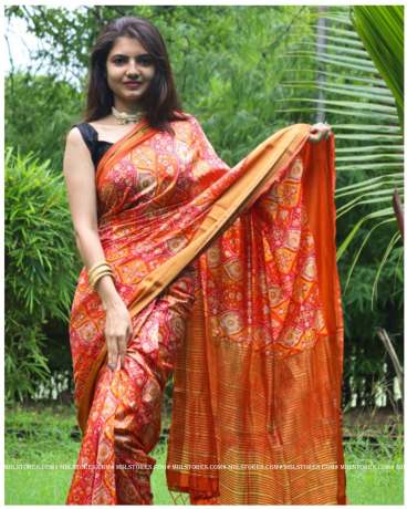 kashmiri silk with  bandhani print work on orange color saree with blouse  Sarees