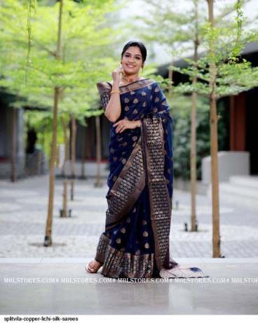 new elegant  Art Silk Jacquard Jari Border navy blue  Saree With Unstitched Blouse  