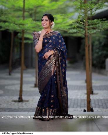 new elegant  Art Silk Jacquard Jari Border navy blue  Saree With Unstitched Blouse  Banarasi Silk