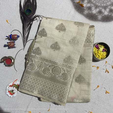 pure golden zari worked white banarasi silk saree  