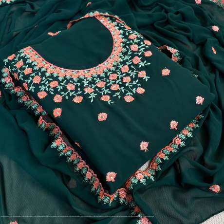 soft georgette  dark green dress material with embroidery work  Georgette dress  