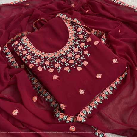 soft georgette  maroon dress material with embroidery work  Ethnic Wear 