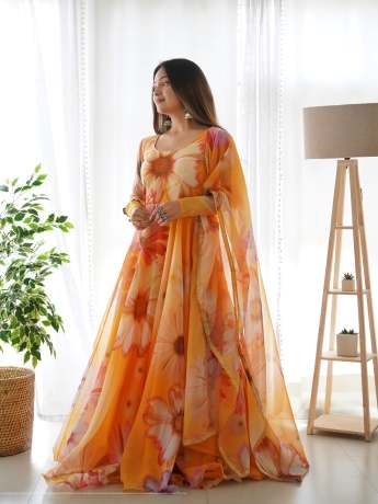 yellow pure organza digital printed long gown  Gown